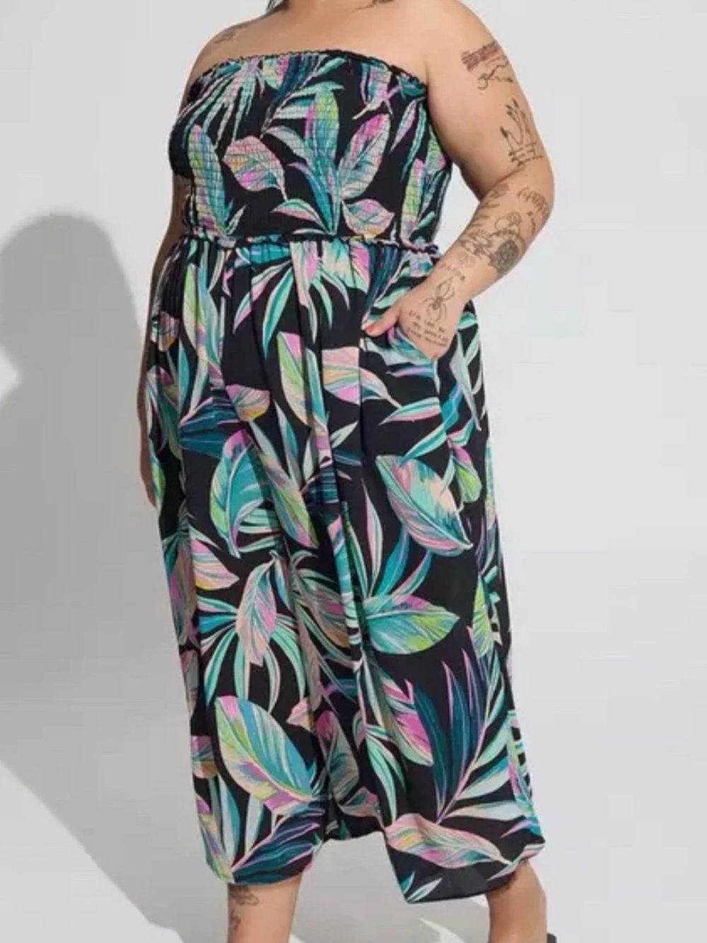torrid Black Tropical Strapless Plus-Size Jumpsuit